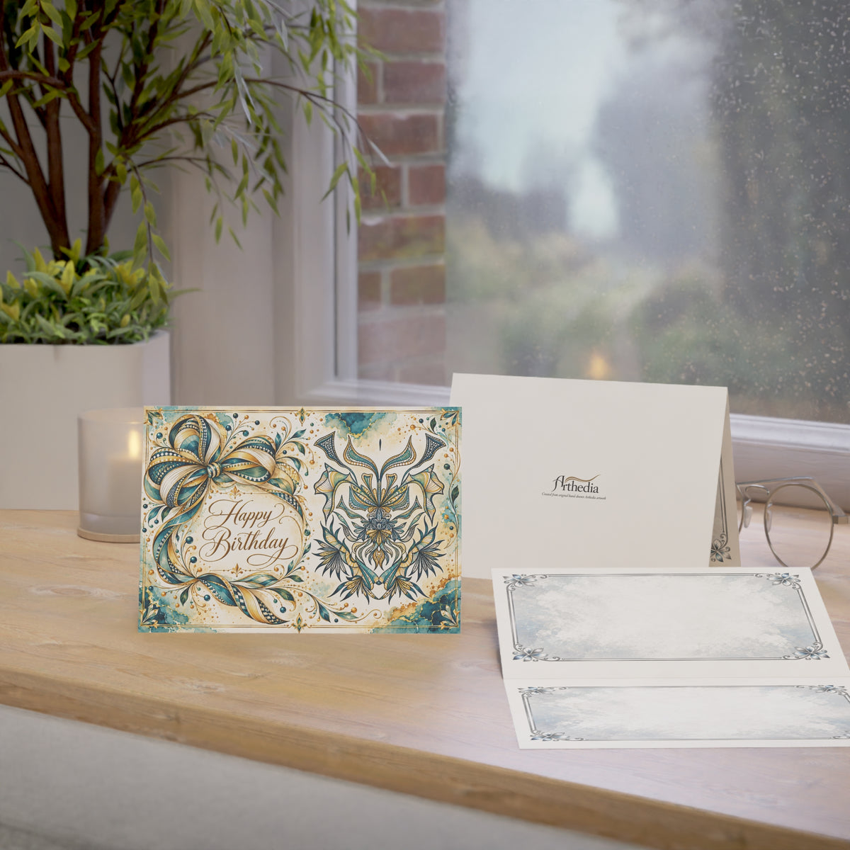 Teal & Gold Flourish — Happy Birthday Greeting Card