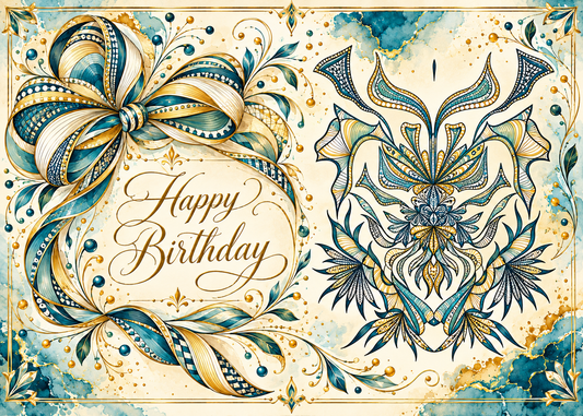 Teal & Gold Flourish — Happy Birthday Greeting Card