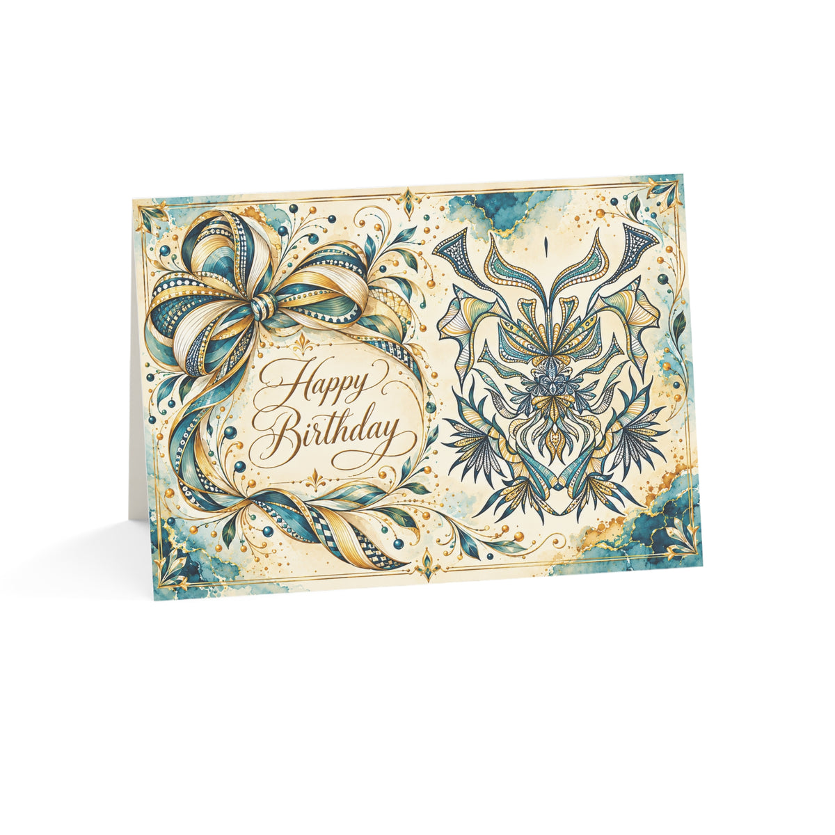 Teal & Gold Flourish — Happy Birthday Greeting Card